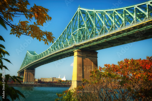 View of Jacques Cartier Bridge in Montreal during fall season in Quebec province in Canada