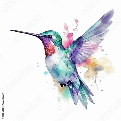 Blue watercolor flying hummingbird. AI generated content