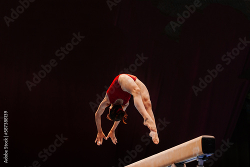 female gymnast athlete exercise on balance beam gymnastics, sports summer games