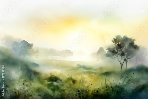 Meadow in the forest in the morning. Seasonal spring background. Generative AI.