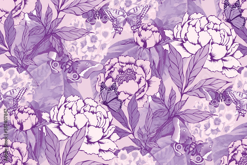 Peony and butterflies. Seamless pattern. Vector illustration. Suitable for fabric, mural, wrapping paper and the like.