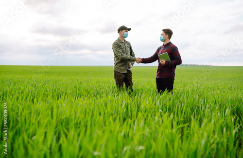 Farmers using touch pad for check wheat quality in the field.Two farmers making agreement with handshake in green wheat field. The concept of the agricultural business. Negotiations.