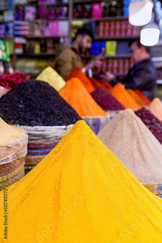 Spices at Egypt bazaar, Istanbul, Turkey. Colorful orient seasoning, Cooking of travel concept
