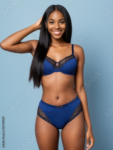 Beautiful happy sexy african american woman in blue lingerie bra and thong underwear. Generative AI