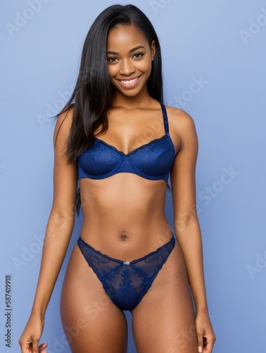 Beautiful happy sexy african american woman in blue lingerie bra and thong underwear. Generative AI
