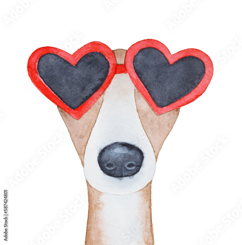 Watercolour illustration of elegant whippet dog wearing heart-shaped sunglasses in bright red color. Hand painted water colour graphic drawing on white background, cut out clipart element for design.