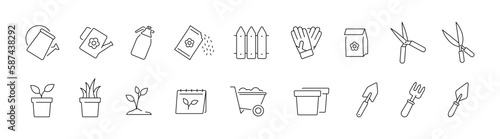 Garden outline icon set. Garden seeding, tools. Watering can, secateur, pot plant. EPS 10