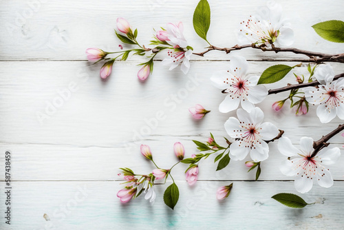 Spring Time Cherry Blossom On White Wooden Table Background, Spring Season, Generative Ai