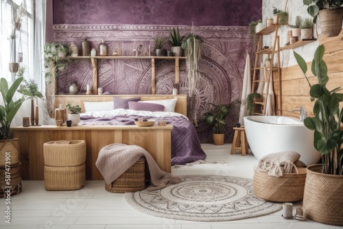 White and purple bohemian wooden bathroom and bedroom. Bathtub, bed, towel rack, potted plants. Tropical wallpaper. Rustic interior design,. Generative AI