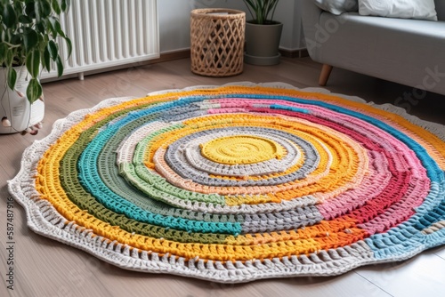 Recycled T shirt crochet rug on white hardwood floor. Flatlay. Generative AI