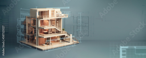modern generic contemporary style miniature section model of townhouse with blueprint elevations cad details as wide banner with copyspace area for text - Generative AI