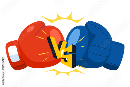 Red and blue boxing gloves fight icon. Battle Versus emblem flat design cartoon style on isolated white background. Vector illustration for banner, poster, and wallpaper.