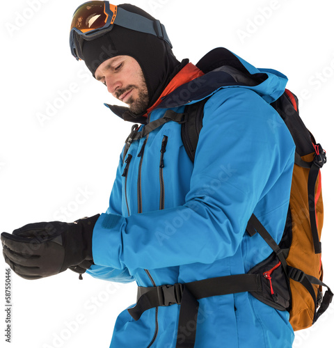 Skier with backpack wearing gloves