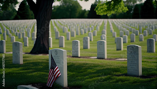 an american flag laying on the headstones of gravestones at arlington war cemetery in arlington, maryland, united states. Generative AI