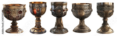 A collection of five different medieval chalices on a transparent background, Generative AI