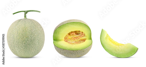 Whole and slices cantaloupe melon with seed isolated on transparent background. PNG