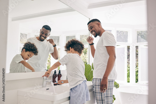 Brushing teeth, father smile and healthy morning routine in a bathroom sink with a dad and child. Hygiene, kid and dada together in a house with toothbrush and youth doing self care for dental