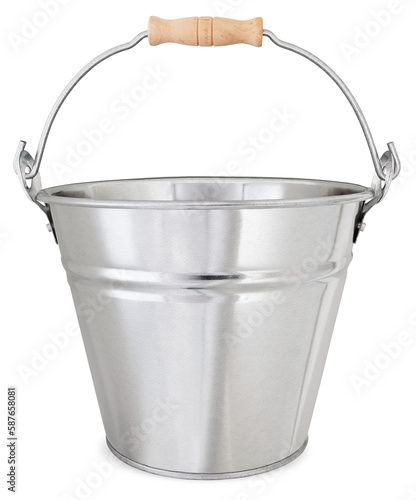 Metal garden vintage bucket with wooden handle, tool for gardening or for decorating flower arrangements or potting plants, front view isolated on white background