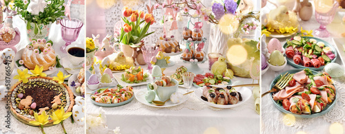 Easter banner with traditional Polish dishes and pastries on festive table