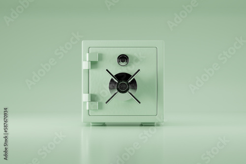 Closed green metal safe isolated on green background. Front view. Banking security clip art. 3d render.