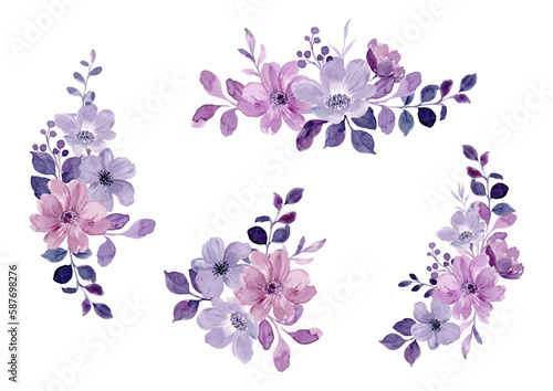 Watercolor purple floral bouquet collection