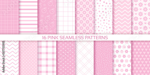 Pink background. Girly seamless pattern. Set scrapbook prints. Baby girl texture with polka dot, zigzag, flowers, heart and check. Cute pastel packing paper for scrap design. Color vector illustration