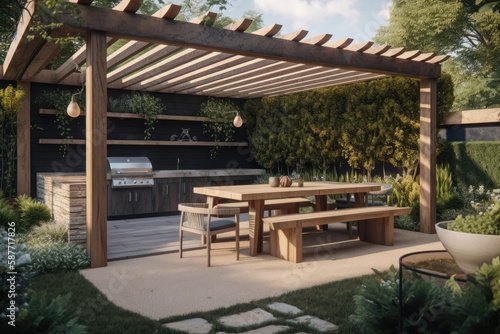 cozy outdoor dining area with a wooden table and a pergola overhead. Generative AI