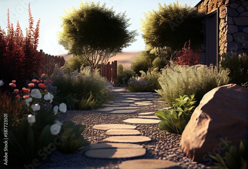 beautiful garden in front of the wall Next to the garden is a gravel road. daytime atmosphere. 3D illustration. Generative AI
