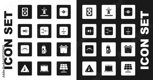 Set Lamp in electronic circuit, Switch, Diode, Music player, Electrical symbol ground, tower line, Car battery and Inductor icon. Vector