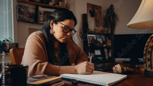 Indigenous Entrepreneur: A Native American Woman's Journey in Business. Indigenous Female Working hard in her Home Office. Generative AI.