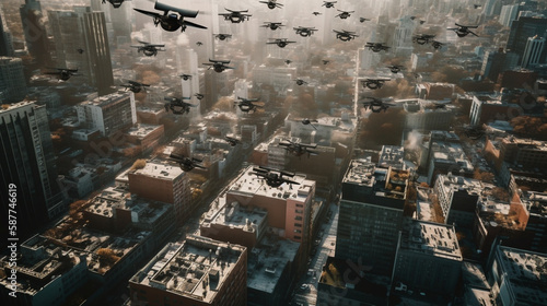 A swarm of technologically advanced drones flying above modern city blocks in a menacing way at mid day -Generative AI