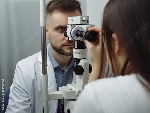 A person at the ophthalmologist performing a visual health test. Ai Generative.