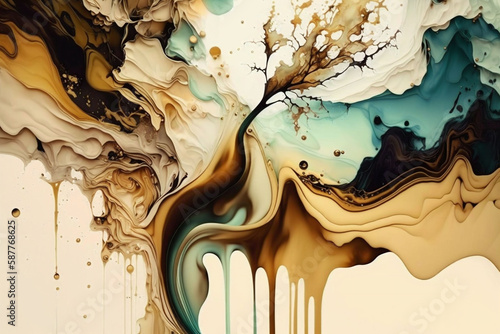 tan cream teal ink paint cloud alcohol drip liquid flow wave abstract splatter color marble background wallpaper