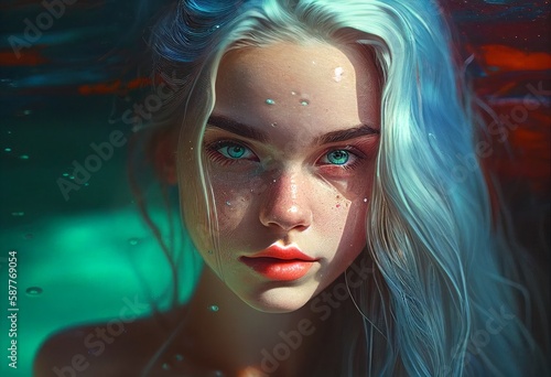 close-up of woman with blue eyes in fantasy art style. Mermaid portrait. Generative AI.