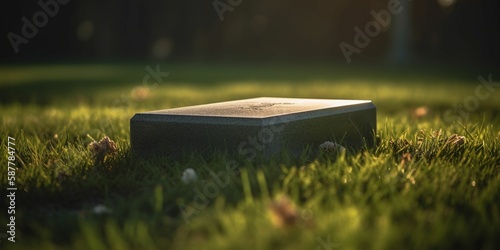a simple memorial headstone for a deceased with a bouquet of flowers, green lawn, empty, natural, ambient light, Memorial Day, generative IA