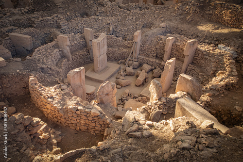 Archeological findings in Göbeklitepe excavation site in Turkey. The site has been found in pro-pottery neolithic period between 9500-8000 BCE. Stone works are known as the worlds oldest megaliths.