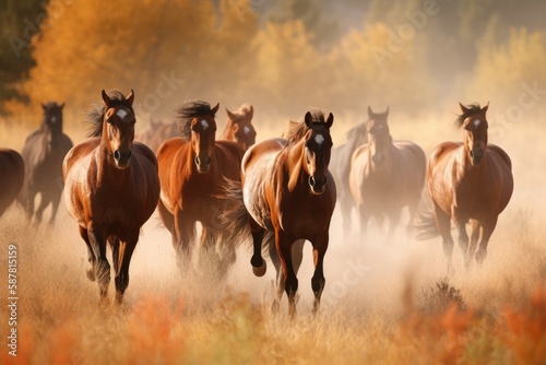Group of horses galloping across a beautiful meadow Generative AI