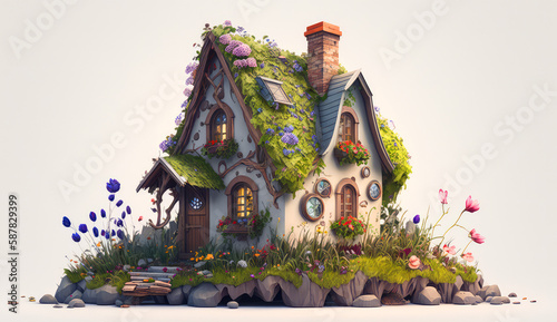 Magical fantasy elf or gnome house with windows, door and fabulous fairytale blooming flowers on white background. AI generative