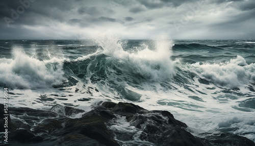 Splashing waves break against rocky coastline and spray generated by AI