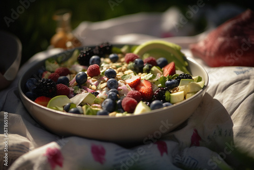 Delicious healthy salad in a bowl on a picnic blanket, made with generative AI
