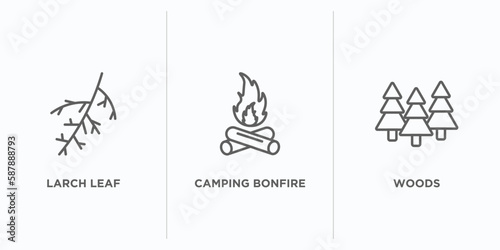 nature outline icons set. thin line icons such as larch leaf, camping bonfire, woods vector. linear icon sheet can be used web and mobile
