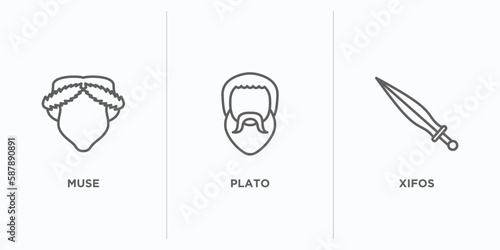 greece outline icons set. thin line icons such as muse, plato, xifos vector. linear icon sheet can be used web and mobile