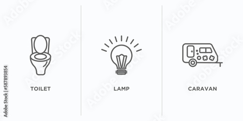 camping outline icons set. thin line icons such as toilet, lamp, caravan vector. linear icon sheet can be used web and mobile