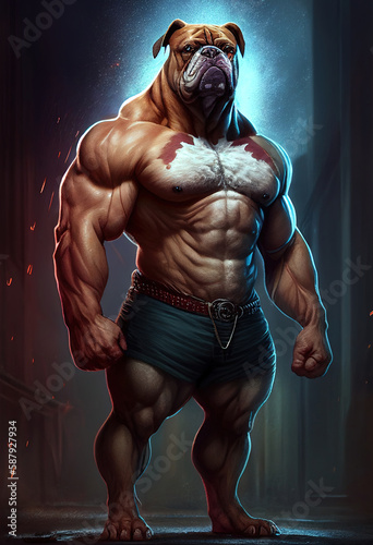 Fitness and bodybuilding concept. Portrait of a strong male boxer dog with a big muscles. Ai generative