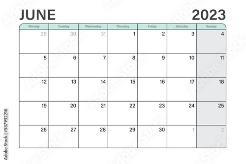 2023 June illustration vector desk calendar or planner weeks start on Monday in light green and gray theme