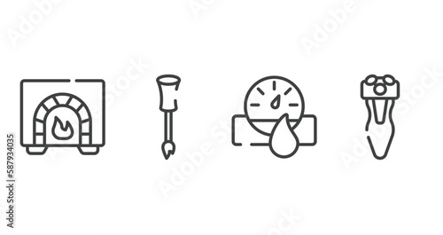 miscellaneous outline icons set. thin line icons sheet included burner, nail brush, hydrometer, electric shaver vector.