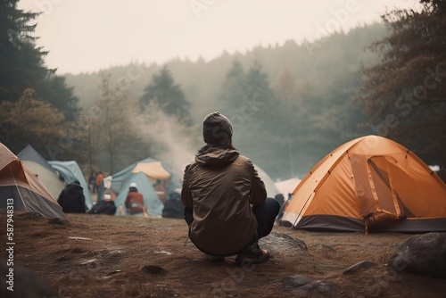 Outdoor Camping: Man Setting Up Tents in Nature (Ai generated)