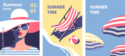 Summer time. Concept of summer party and travel. Perfect background on the theme of season vacation, weekend, beach. Vector illustration in minimalistic style for posters, cover art, flyer, banner.