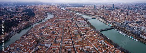 Aerial view of the city Lyon in France on a late afternoon in early spring