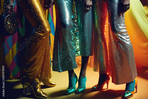 Closeup legs of people dancing in a disco surrounded by lights in colorful shiny clothes and trendy metallic shoes in 70s style. Ilustration, Generative AI
